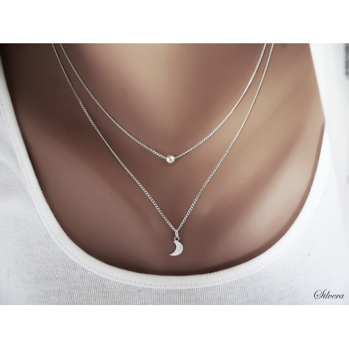 Stříbrný dvojitý náhrdelník, kulička + měsíček, stříbro ryzost 925/1000