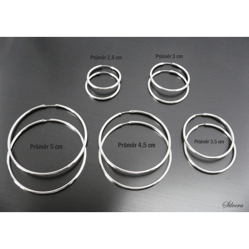 Stříbrné naušnice, kruhy, průměr 5 cm, stříbro ryzost 925/1000