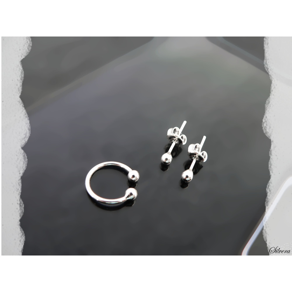 Stříbrný set  naušnice pecičky + kroužek na ucho, stříbro ryzost 925/1000