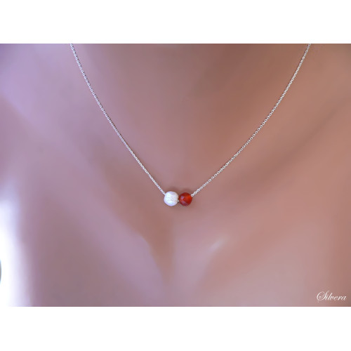 Stříbrný náhrdelník říční perla + broušený karneol, stříbro ryzost 925